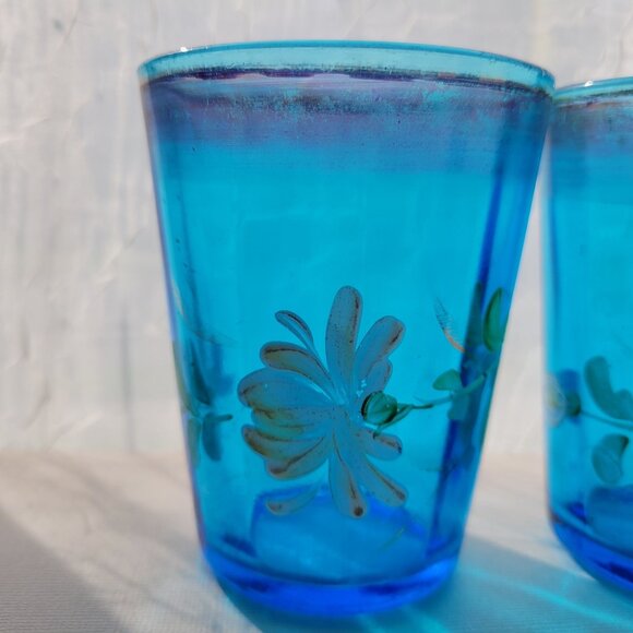 Vintage Blue Glass Juice Glasses With Hand-Painted Floral Design - Picture 7 of 10